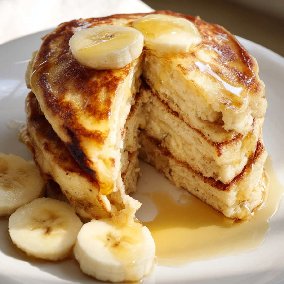 Protein-rich Greek yogurt banana pancakes cooking on a griddle with golden brown edges and bubbly texture