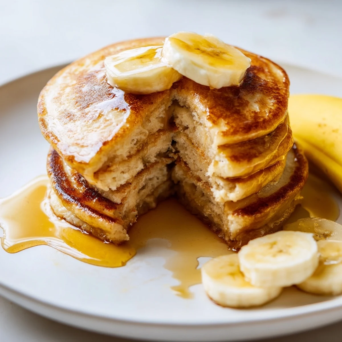 Wholesome breakfast plate featuring three fluffy Greek yogurt banana pancakes dusted with powdered sugar and berries