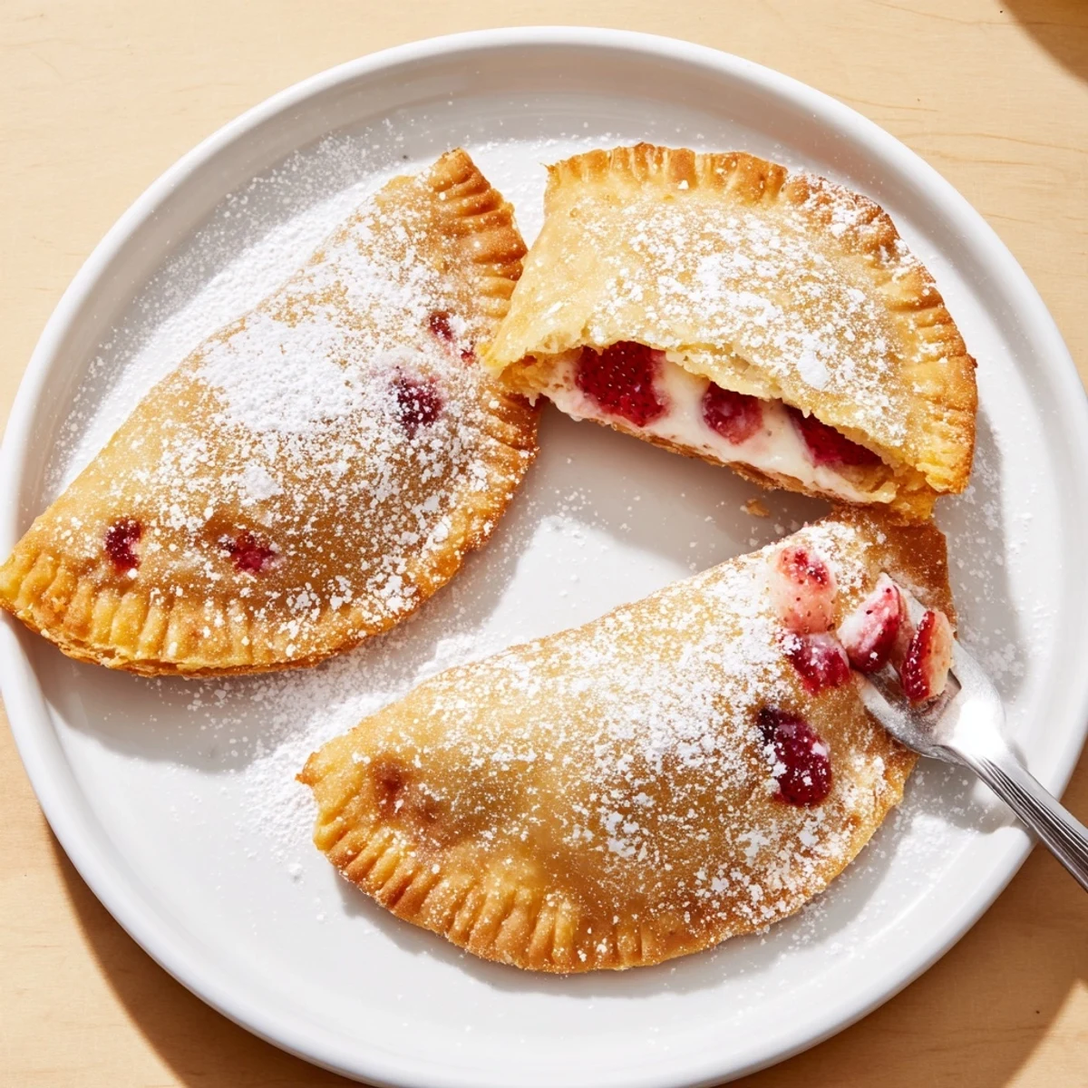 Golden deep fried strawberry cheesecake pies dusted with powdered sugar on a white plate