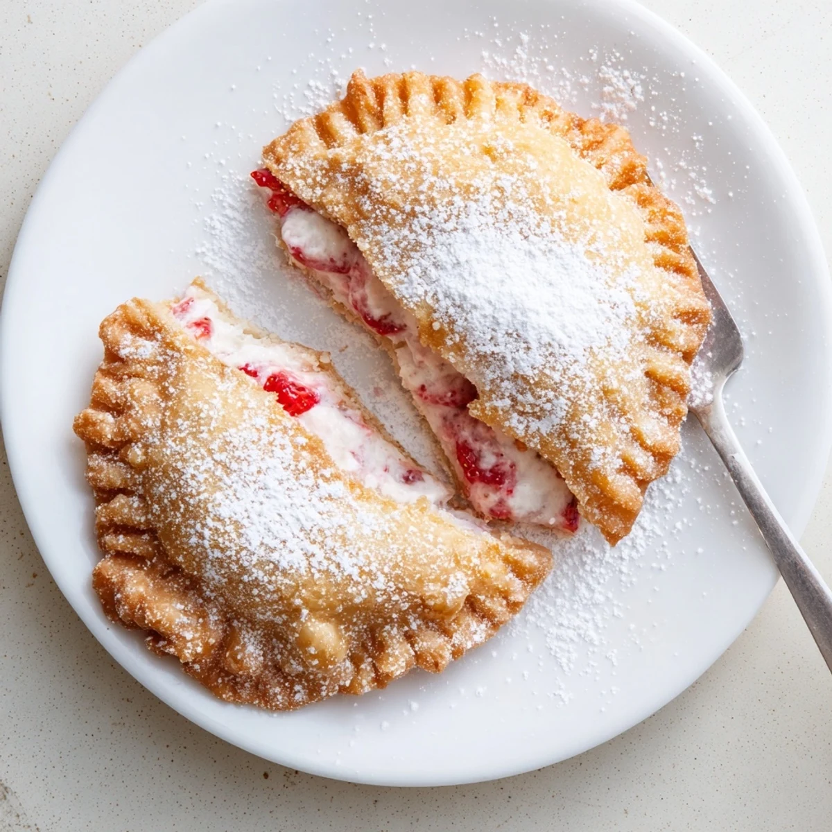 Homemade strawberry cheesecake pies frying in hot oil until golden brown and perfectly crispy