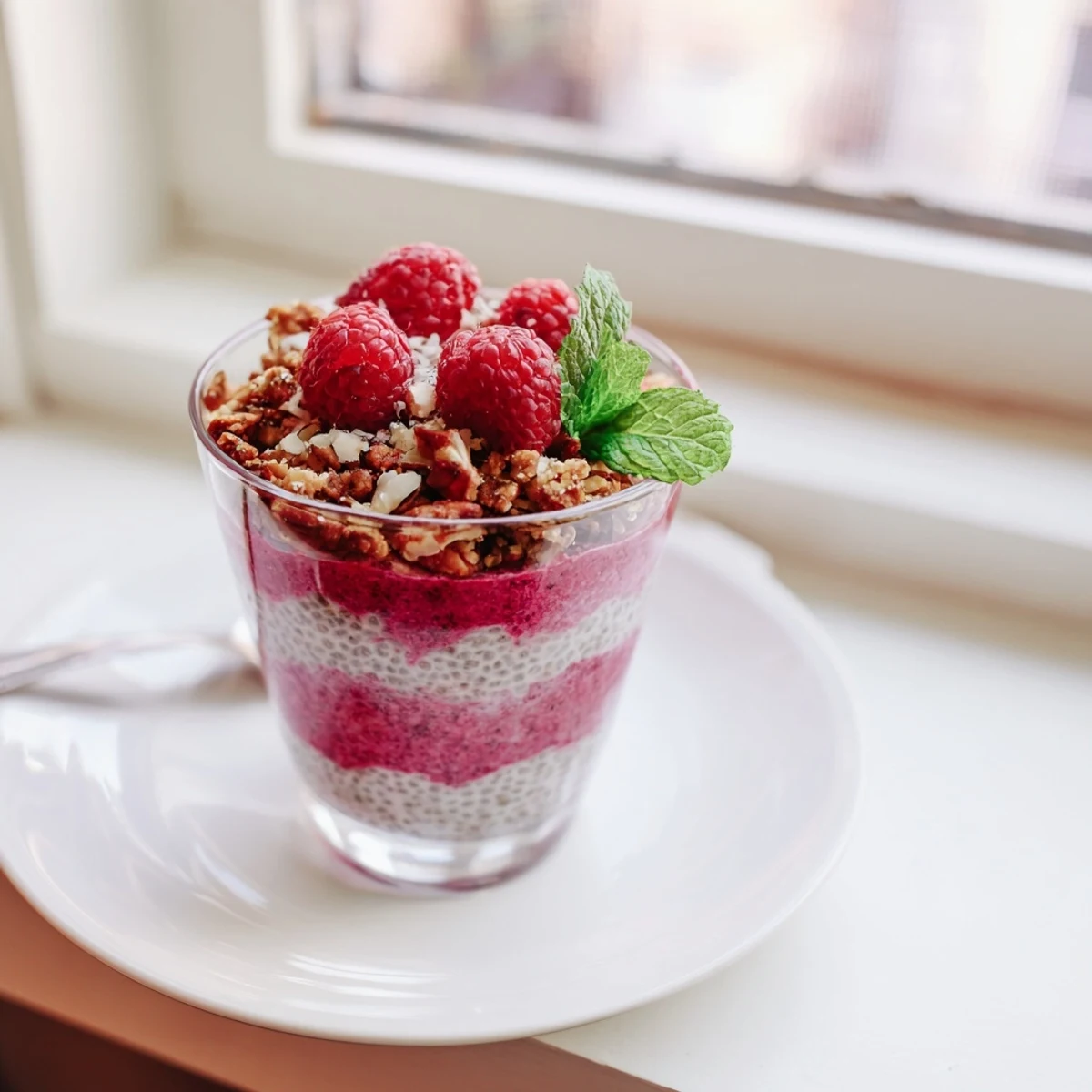 Creamy raspberry chia pudding topped with fresh berries in a clear glass jar