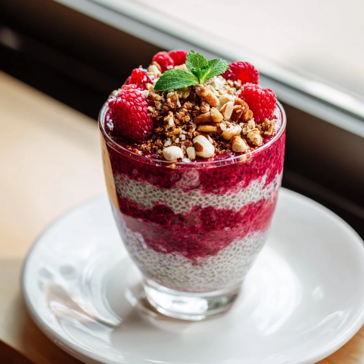 Vibrant pink raspberry chia pudding garnished with mint leaves and crunchy granola