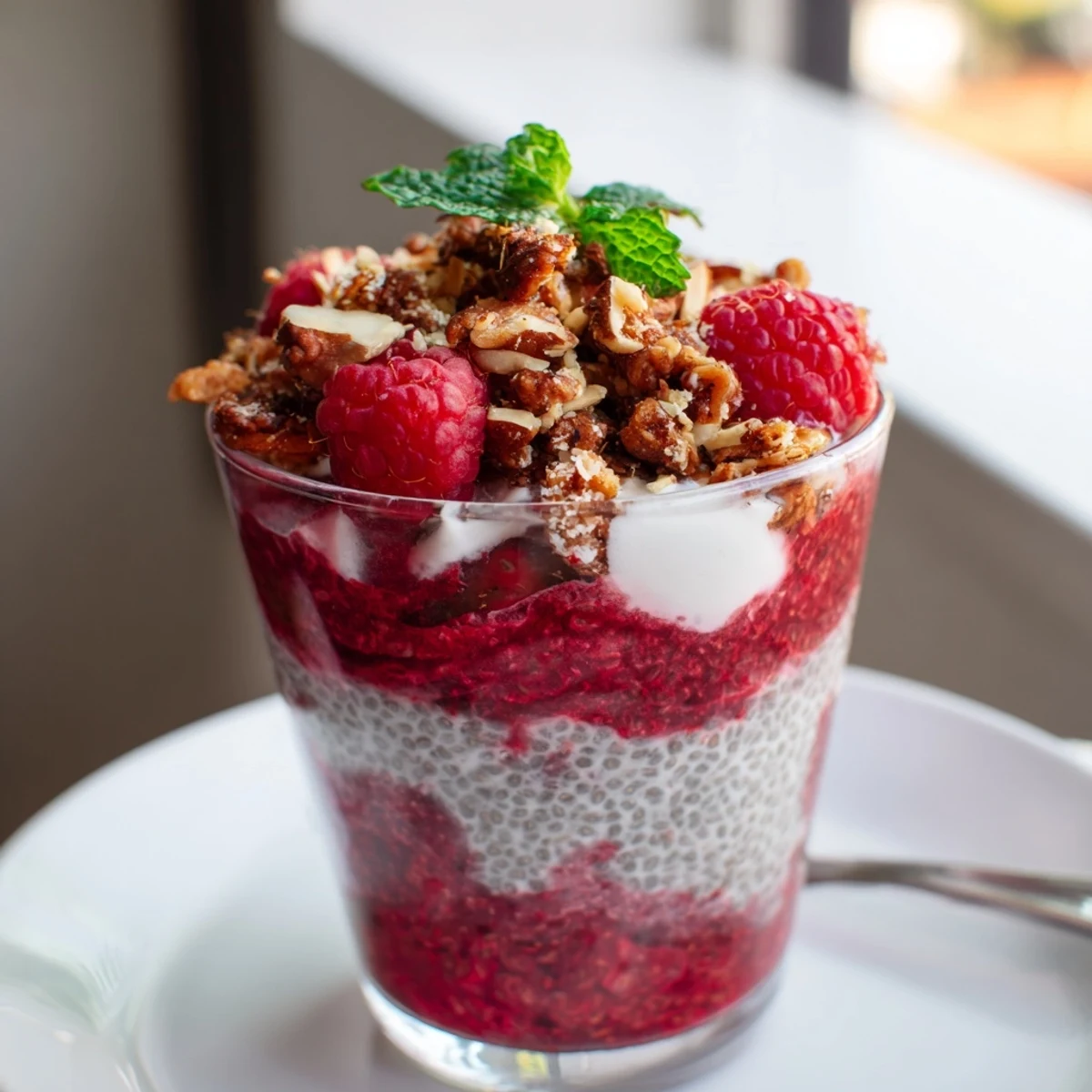 Thick and silky raspberry chia pudding served in elegant dessert glasses with raspberries