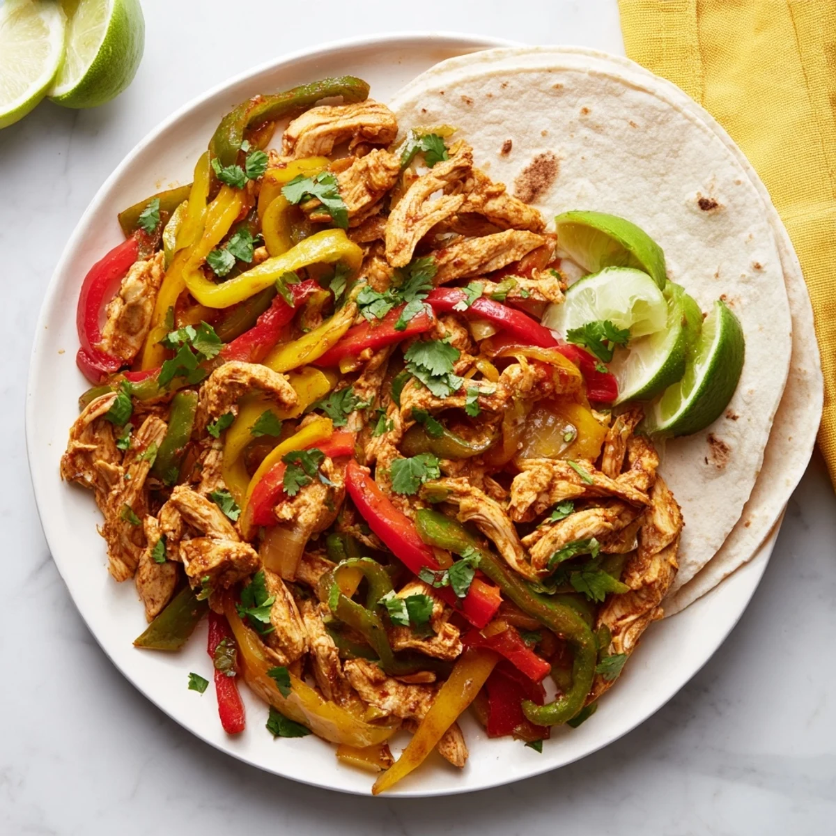 Colorful easy Crockpot chicken fajitas with tender shredded meat and vibrant bell peppers