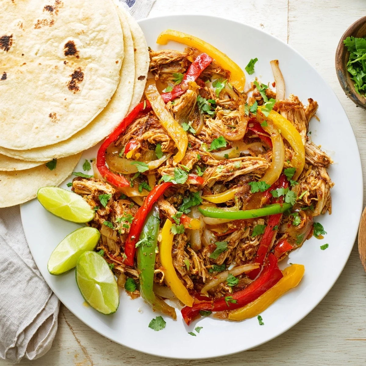 Heaping plate of easy Crockpot chicken fajitas topped with avocado cheese and sour cream