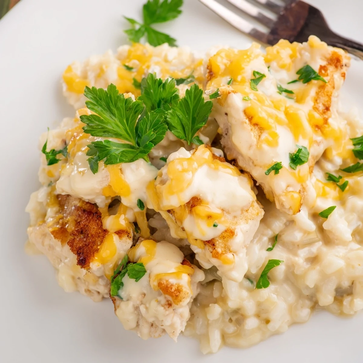 Golden cheesy chicken breasts nestled over fluffy white rice in rich creamy sauce