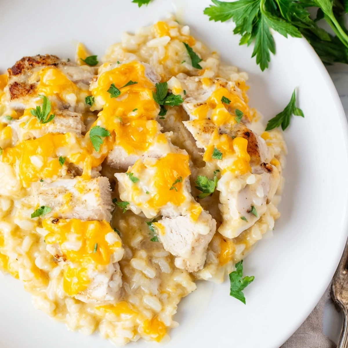 Tender smothered chicken and rice bubbling in a skillet with melted cheddar topping