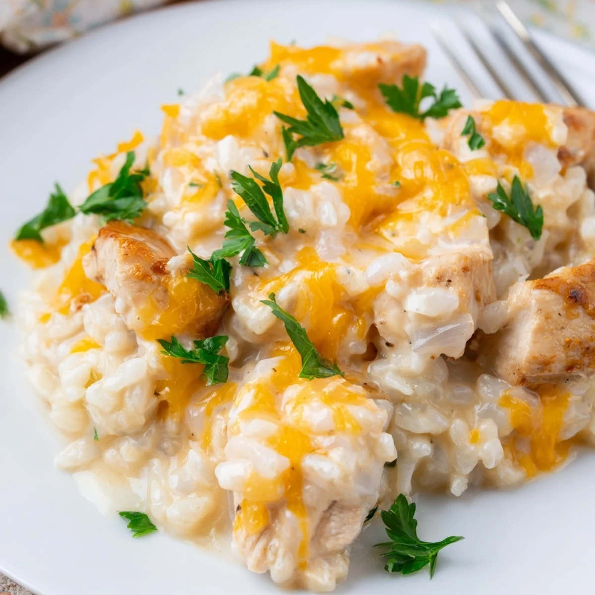 Comforting one-pan creamy smothered chicken and rice dish garnished with fresh parsley