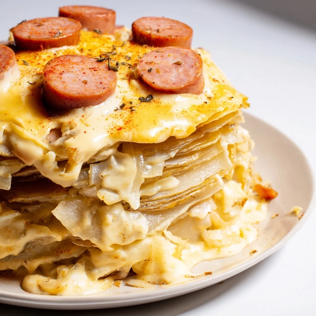 Golden slow cooker scalloped potatoes kielbasa with bubbling cheddar cheese and tender potato layers