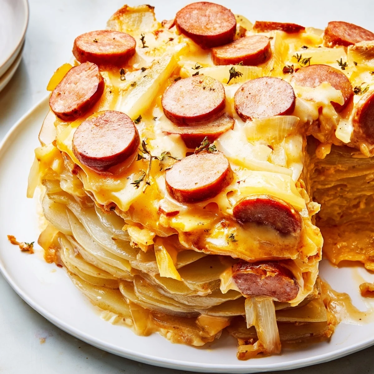 Rustic kielbasa scalloped potatoes in creamy sauce featuring melted cheese topping and sliced sausage rounds
