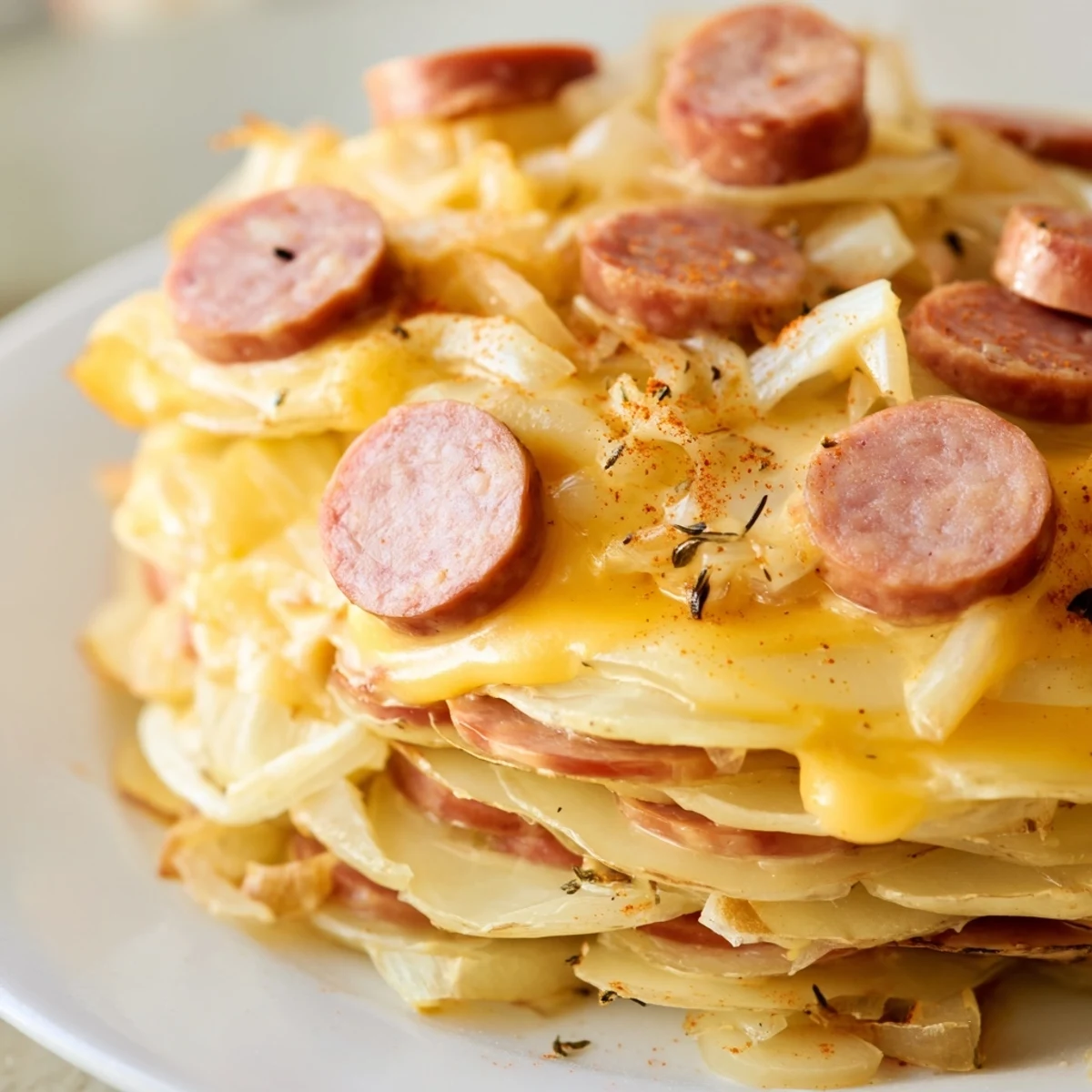 Hearty slow cooker potatoes and kielbasa casserole with rich cheese sauce and golden brown crust