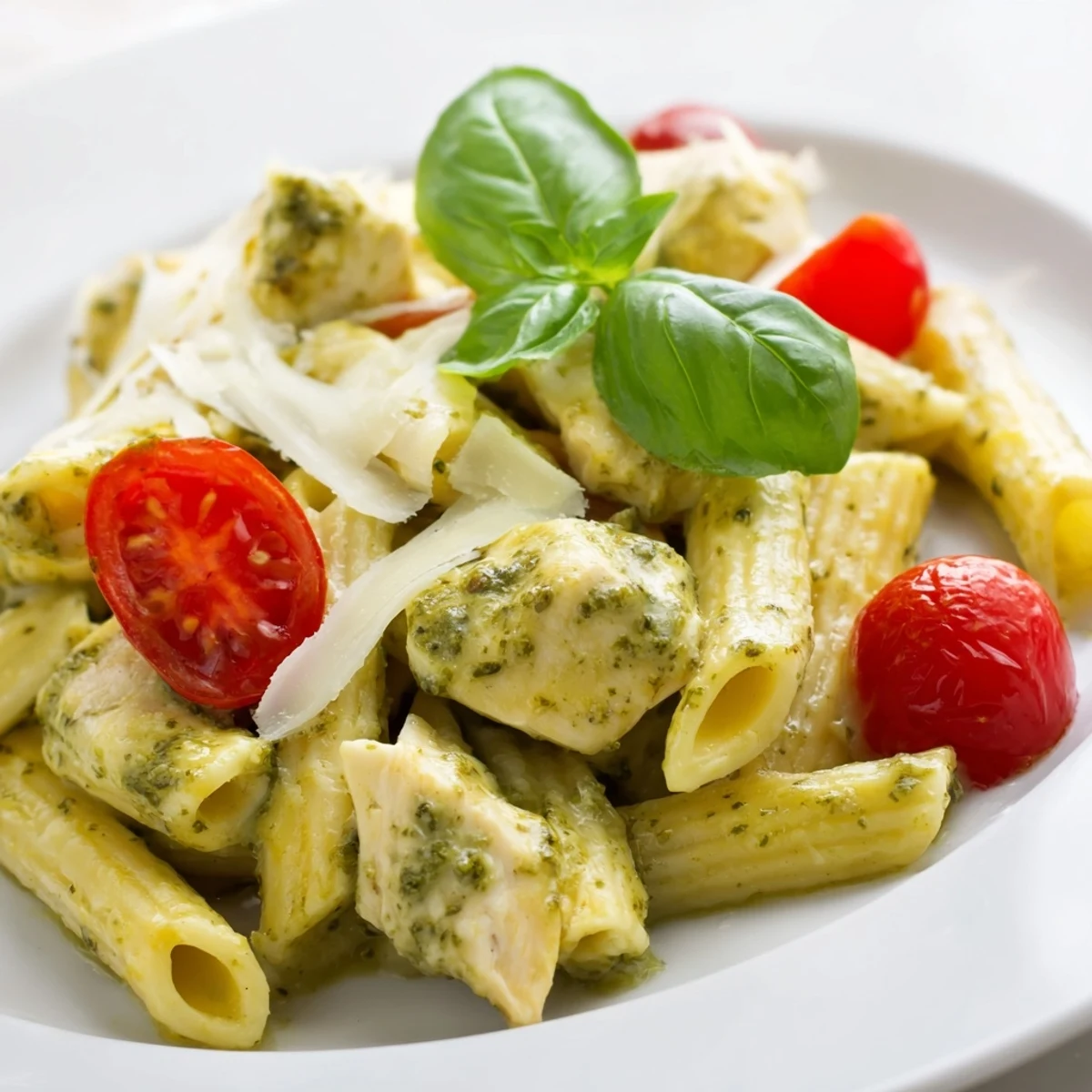Creamy pesto chicken pasta in a white bowl garnished with fresh basil leaves and parmesan