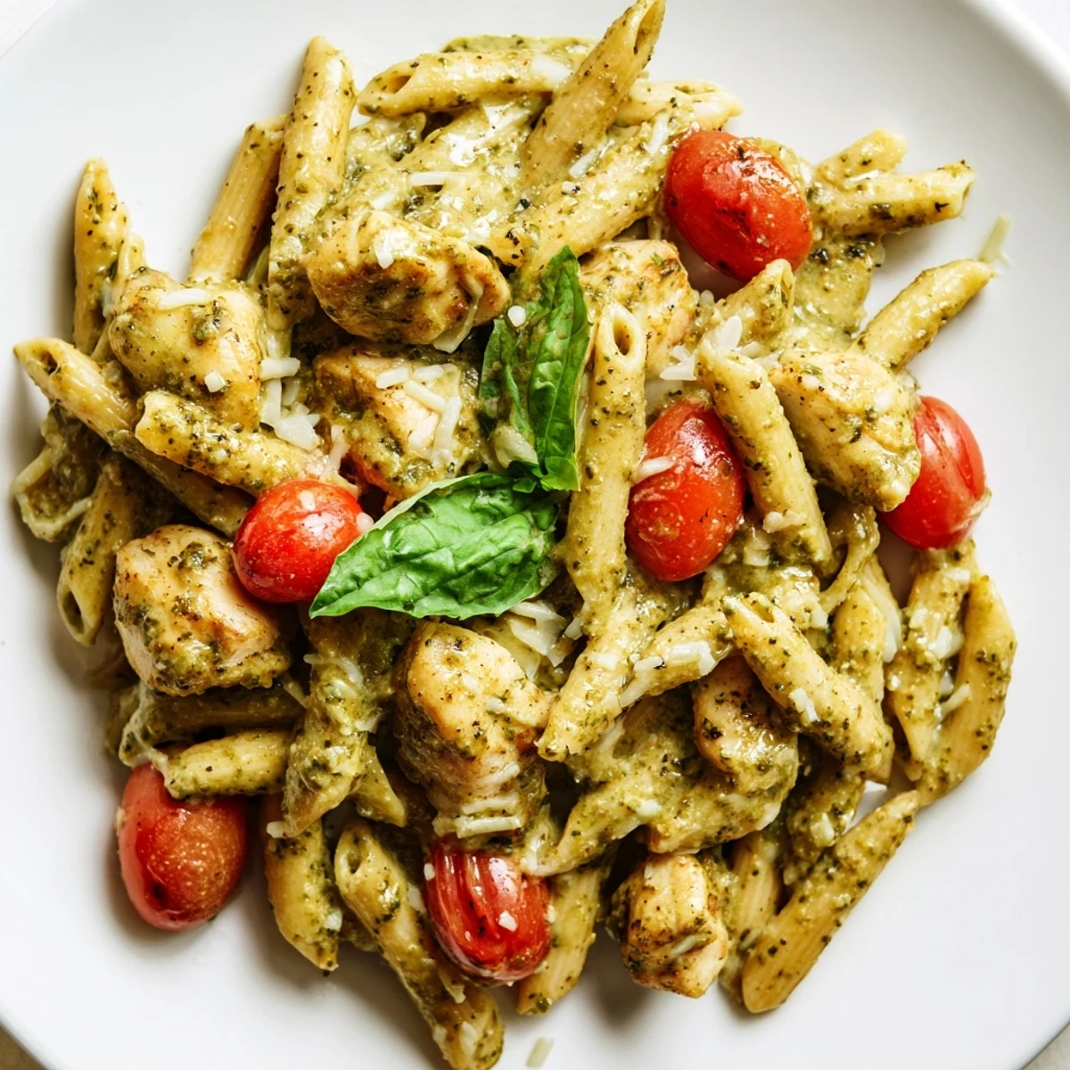 Golden chicken pieces tossed with penne pasta in rich green pesto cream sauce on a rustic wooden table