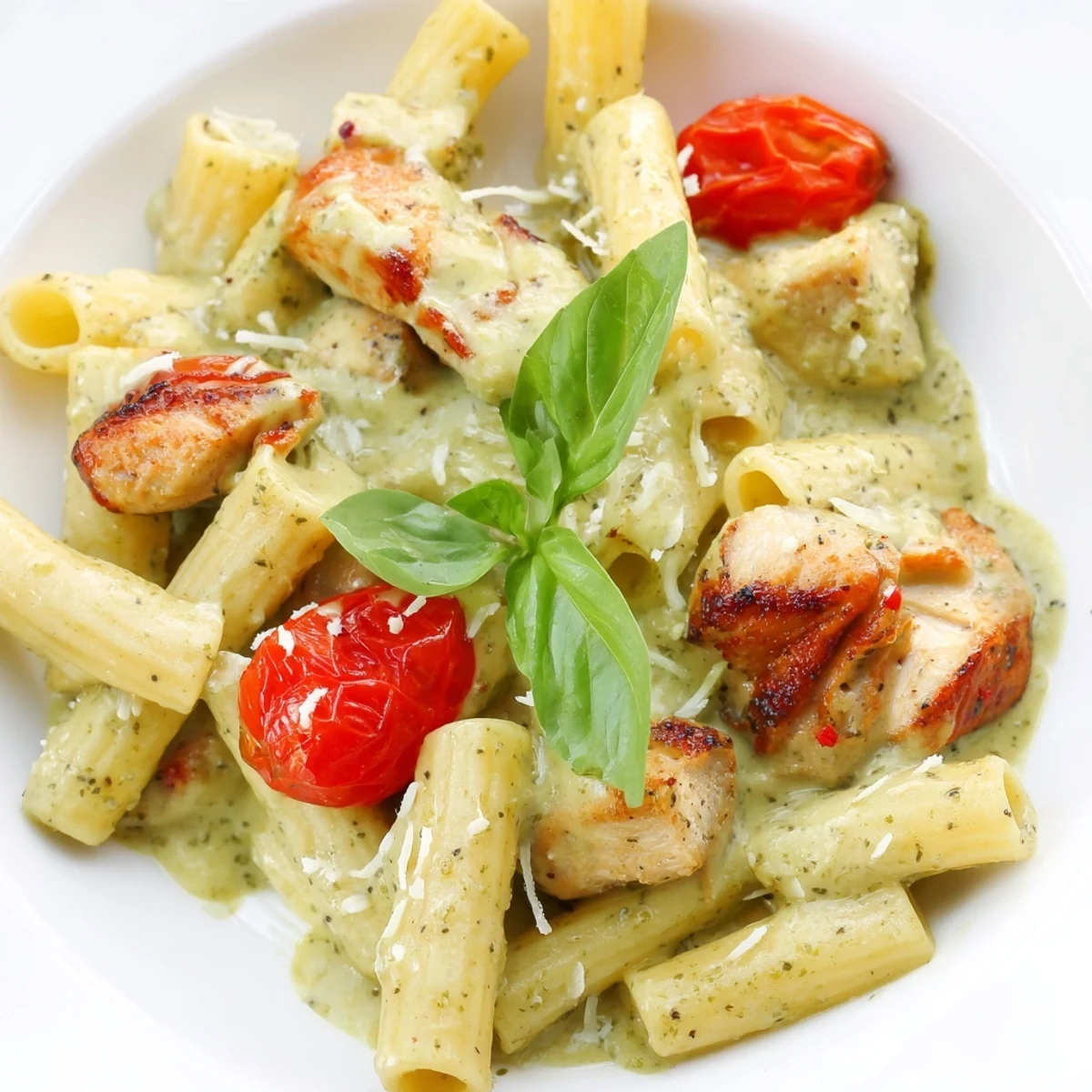 Steaming plate of Italian-American creamy pesto chicken pasta topped with grated cheese and cherry tomato halves