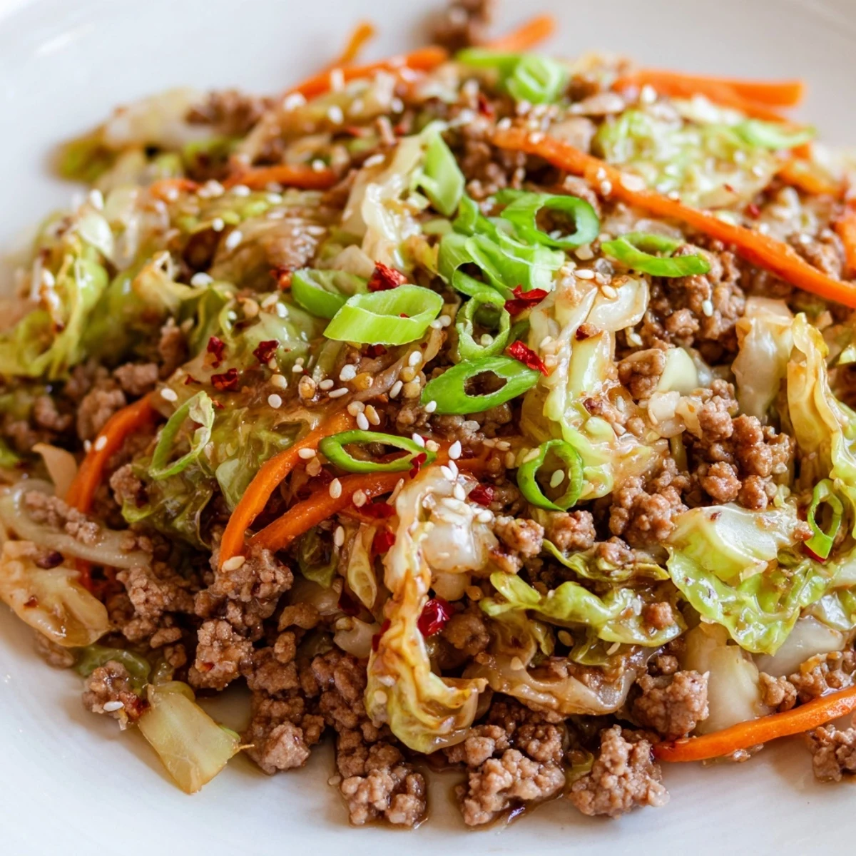 Crisp shredded cabbage and ground pork sizzle in a skillet for this Egg Roll in a Bowl keto dinner