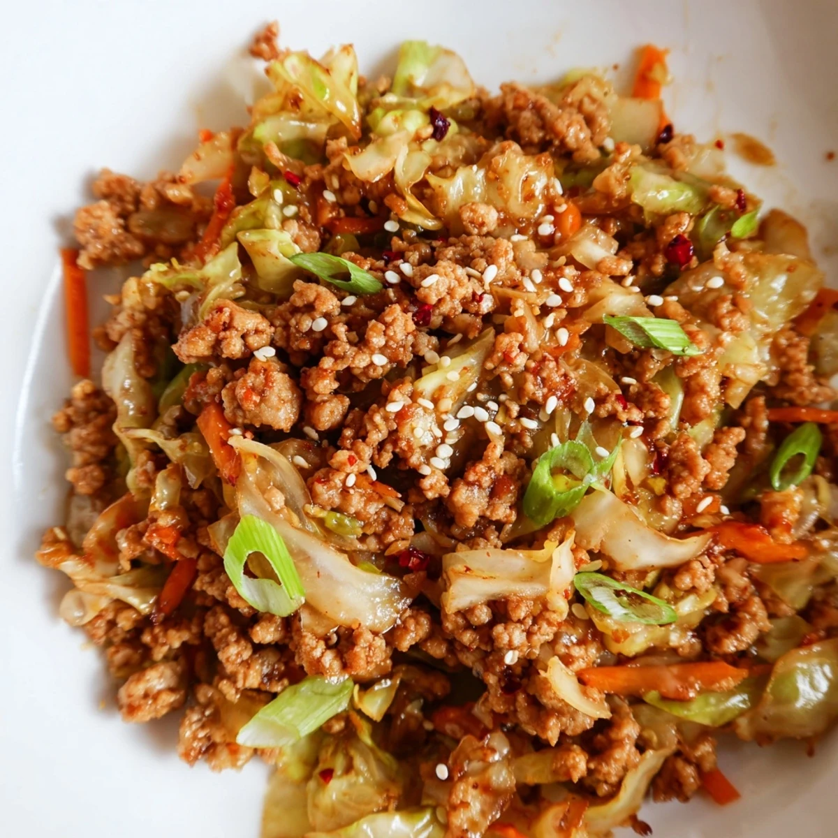 Vibrant cabbage and carrots top this savory Egg Roll in a Bowl served hot from the pan