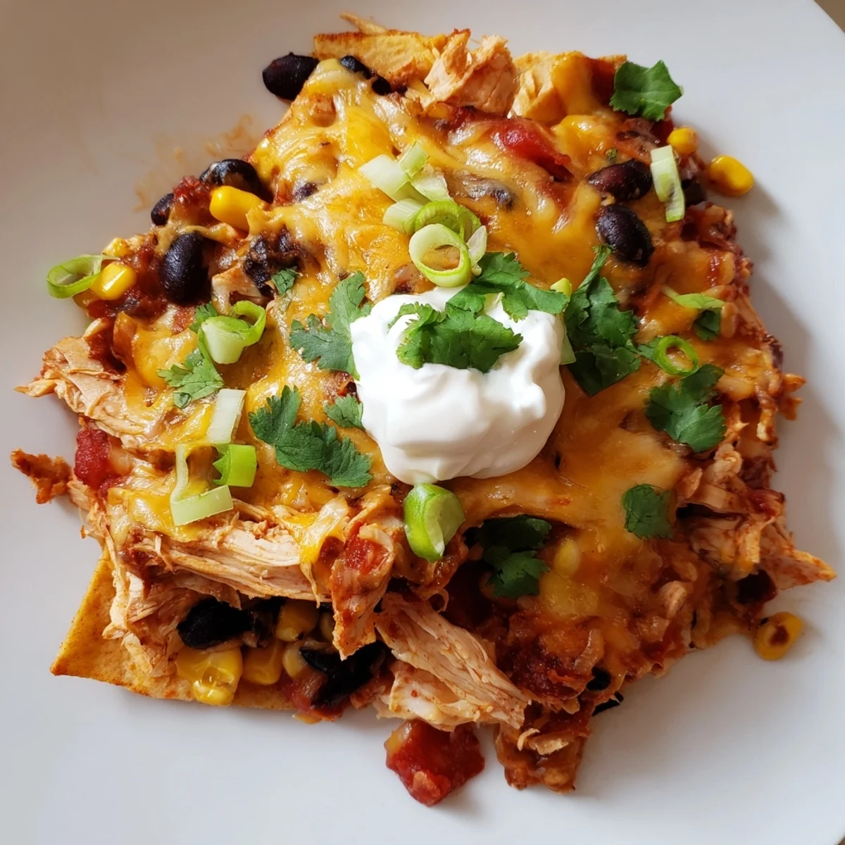 Spoonful of tender crockpot chicken enchilada casserole showcasing gooey cheese and black bean filling