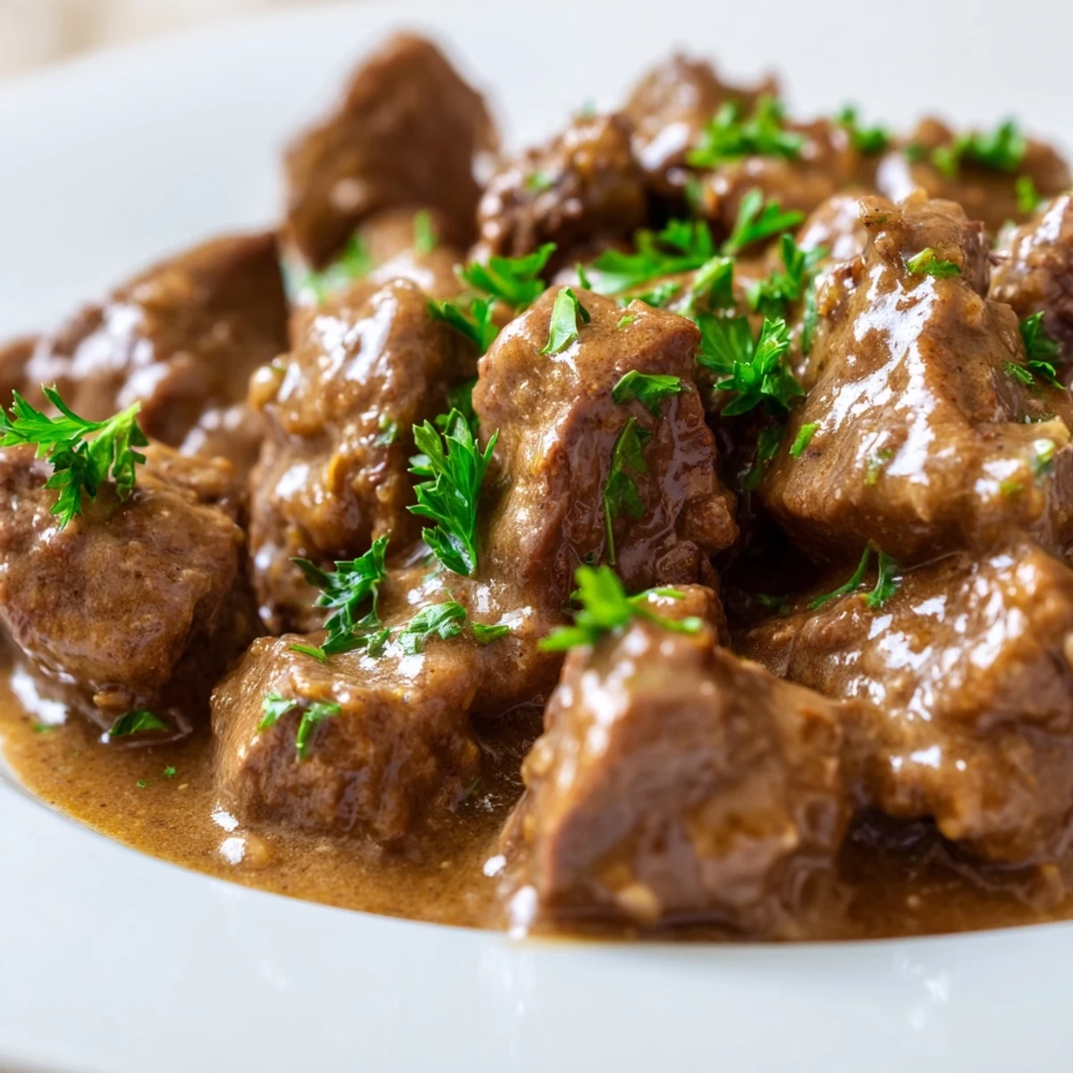 Tender slow cooker beef tips and gravy served over fluffy mashed potatoes with fresh parsley garnish
