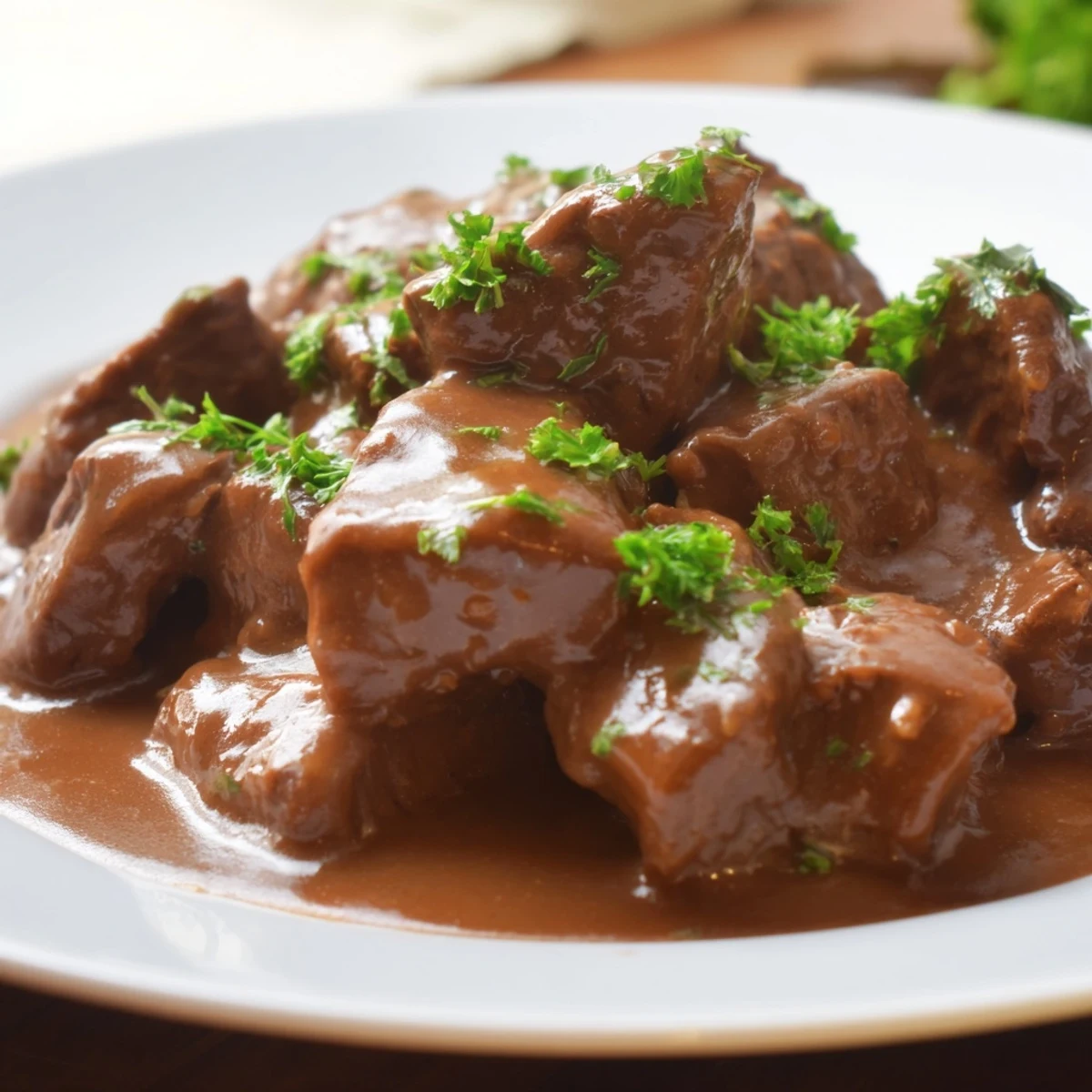Fork-tender beef cubes swimming in rich savory gravy after six hours of slow cooker perfection