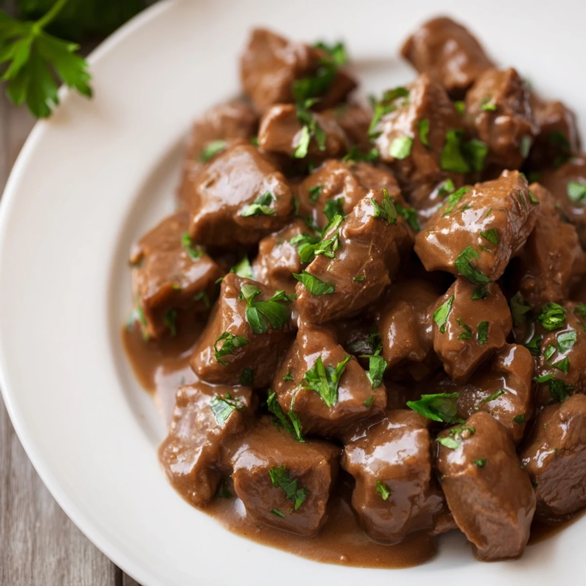 Savory slow cooker beef tips and gravy plated over egg noodles with chopped fresh parsley