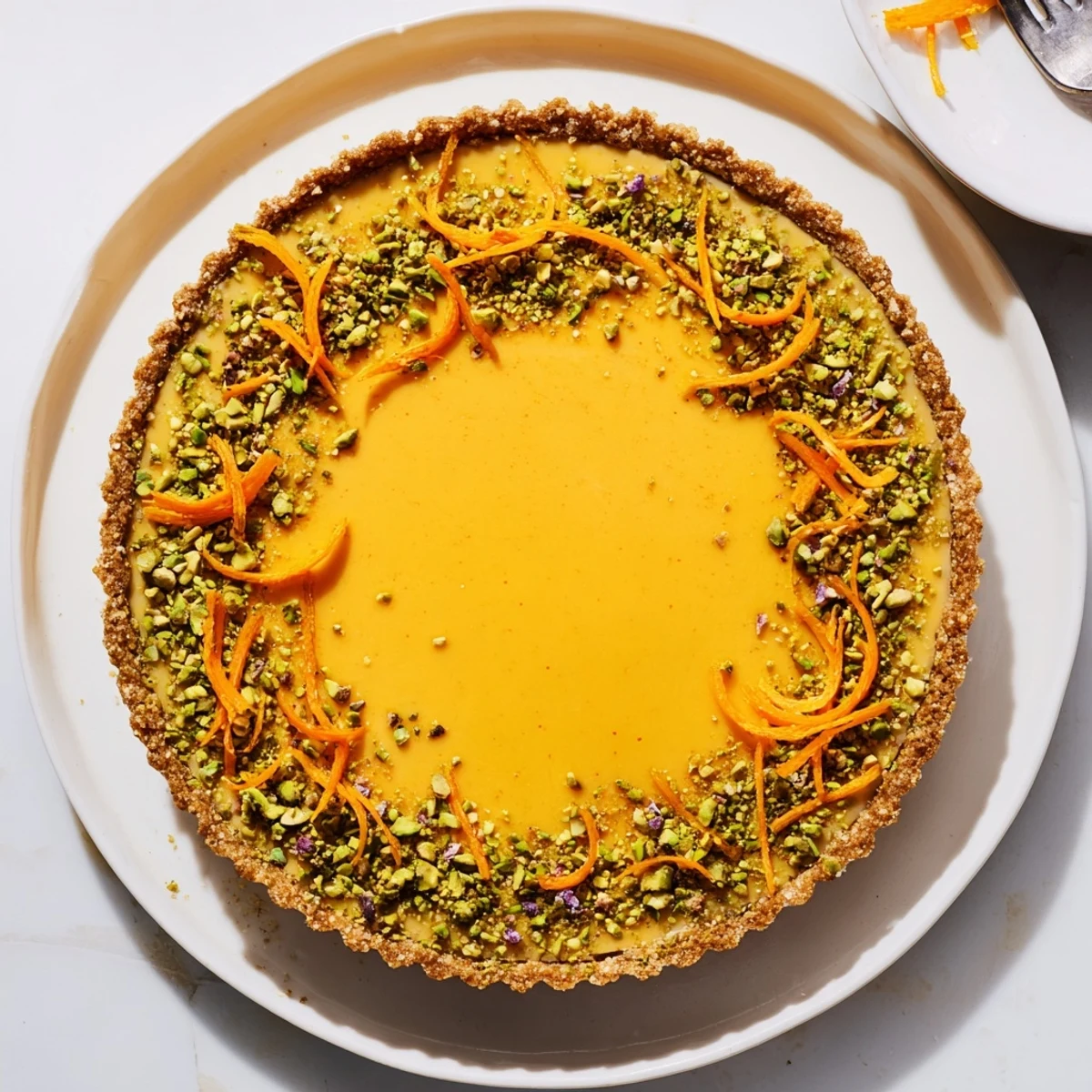 Golden orange cardamom tart slice with chopped pistachios and fresh orange zest garnish