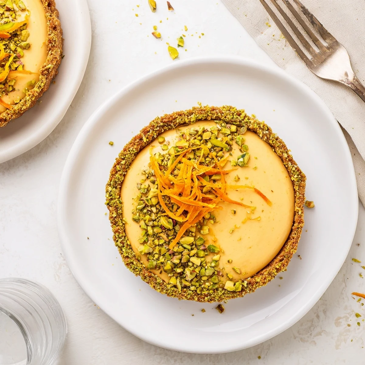 Elegant dessert tart featuring smooth citrus cardamom filling in a nutty pistachio crust