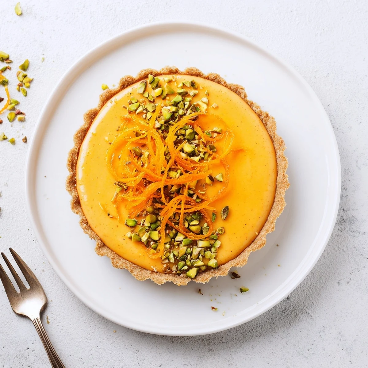 Creamy orange cardamom tart baked in a crisp green pistachio crust on a white plate
