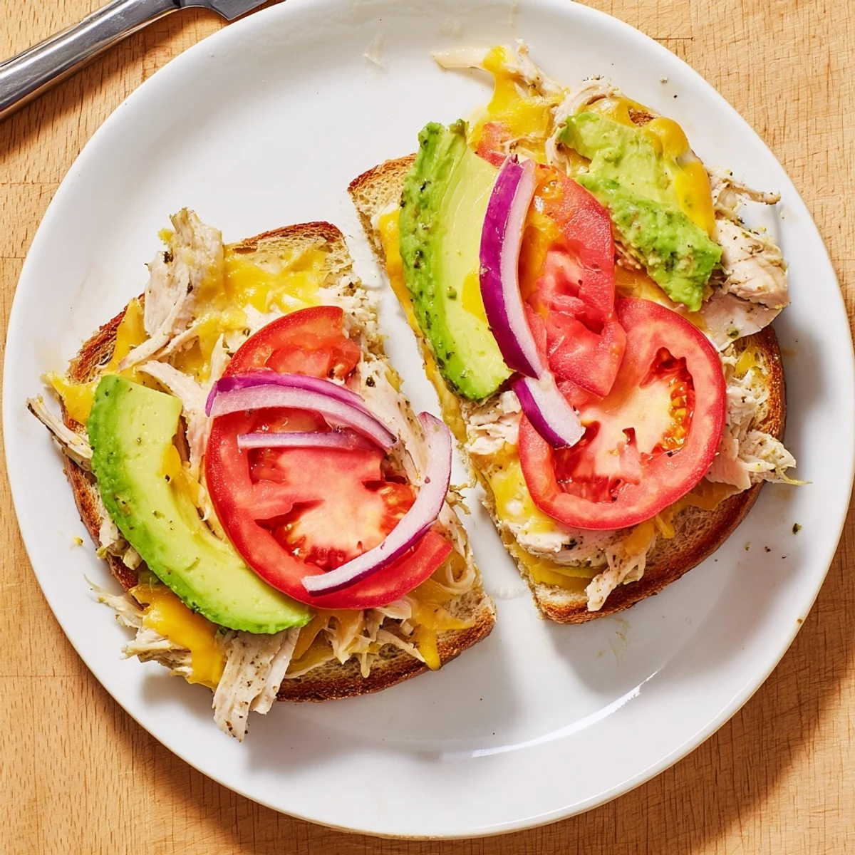 Golden brown chicken avocado melt sandwich with melted cheese oozing from toasted sourdough bread