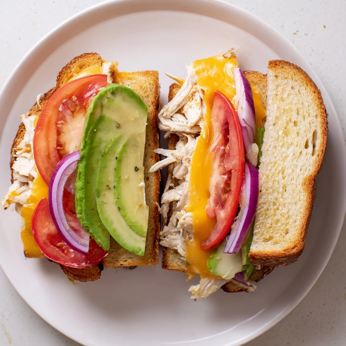 Sliced chicken avocado melt sandwich cut diagonally showing layers of creamy avocado and melted cheese