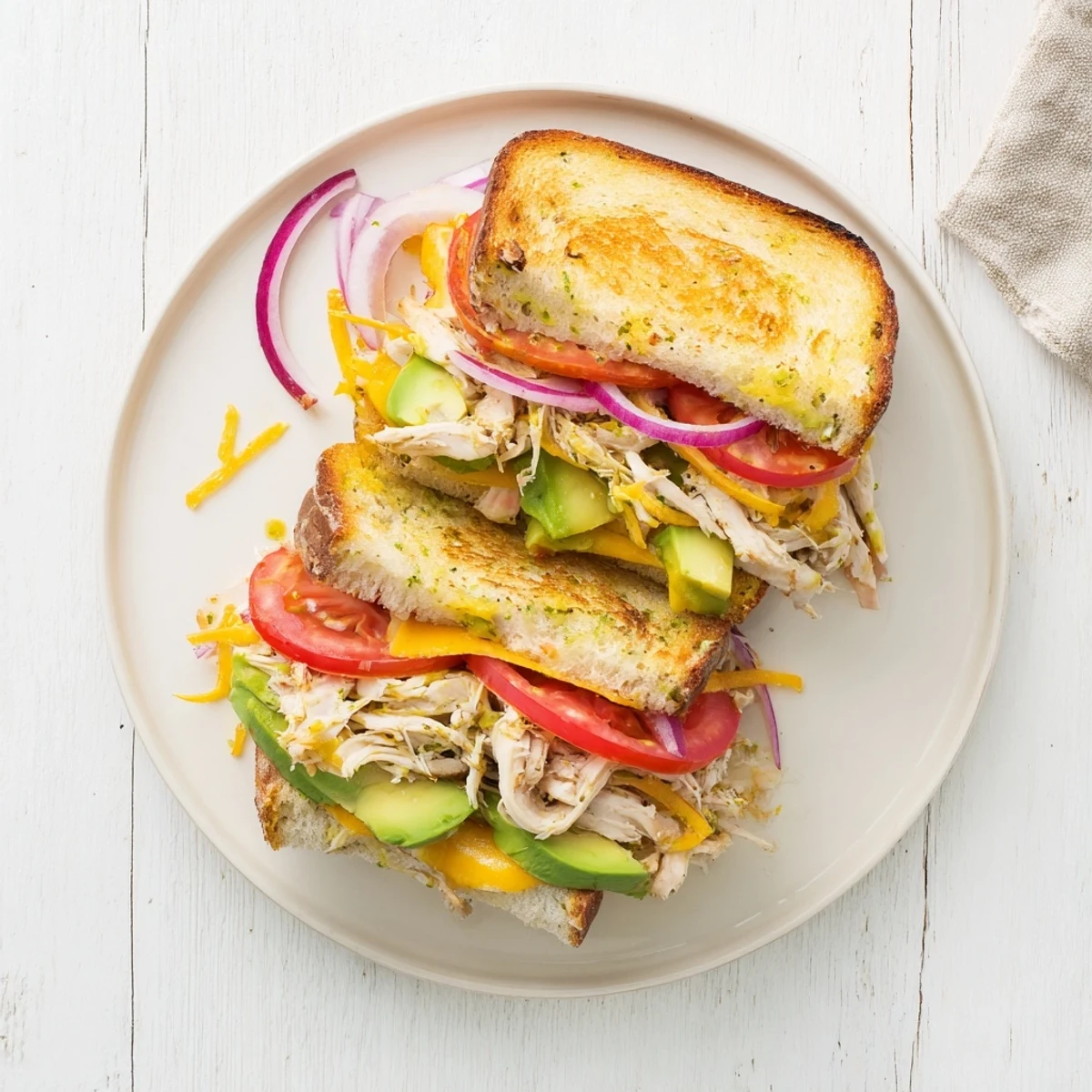 Warm chicken avocado melt sandwich on a plate with ripe tomato slices and melted cheddar cheese