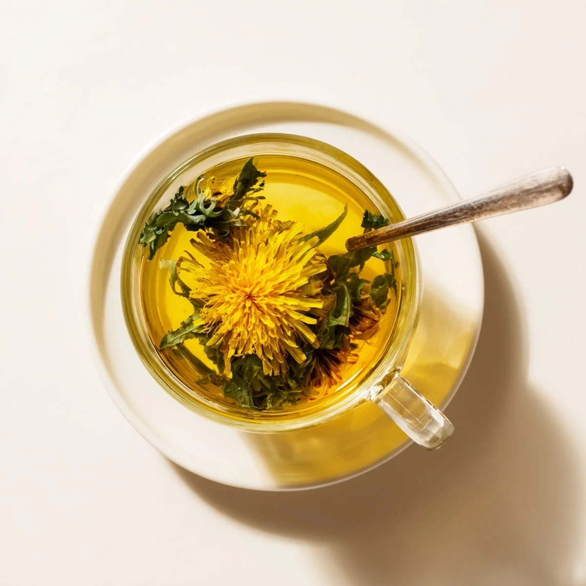 Golden dandelion tea steaming in a white ceramic cup with fresh petals floating on top