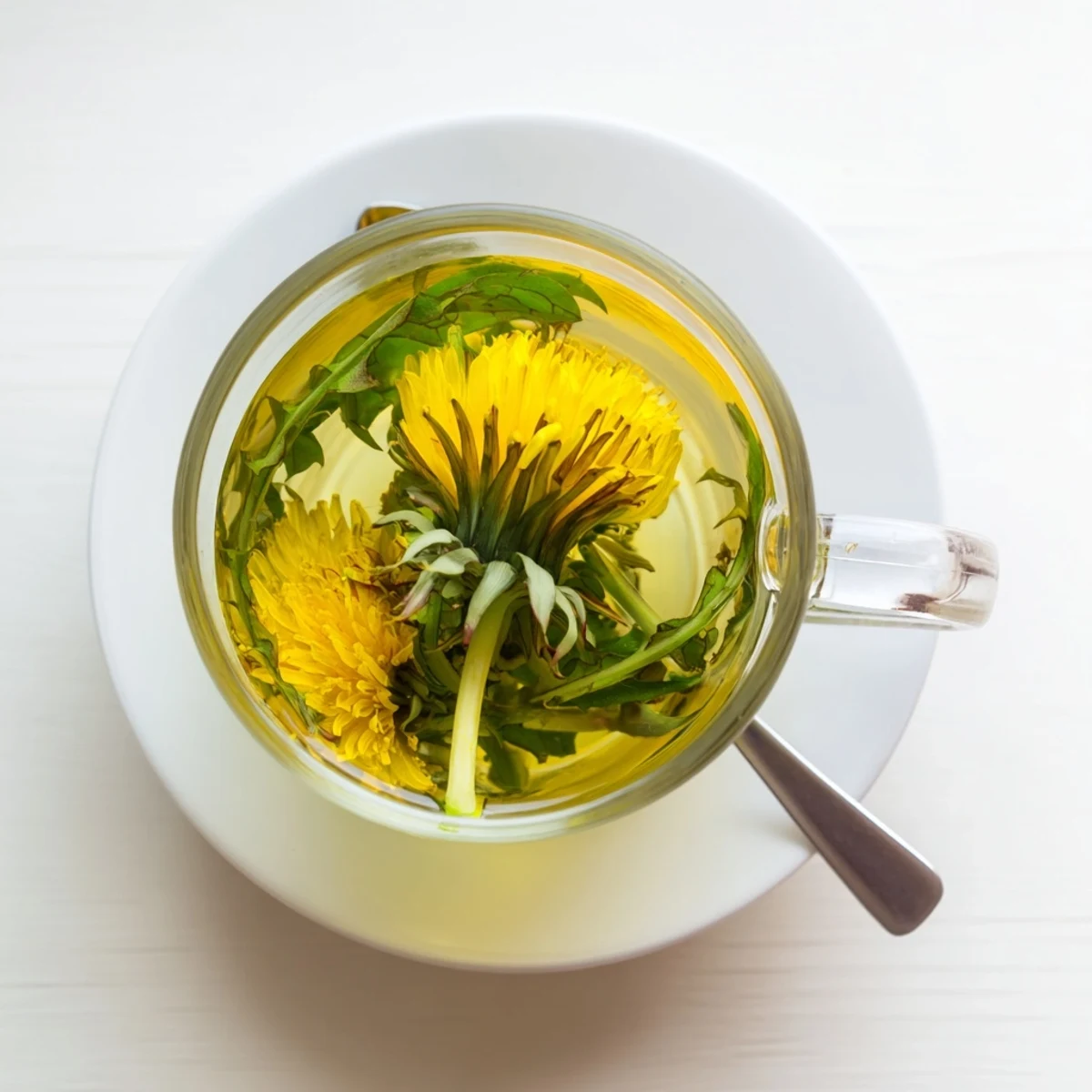 Warm herbal dandelion tea poured into glass mugs alongside bright yellow flowers on wooden board
