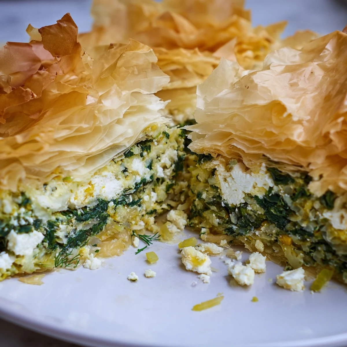 Sliced authentic Greek spanakopita revealing creamy spinach and feta inside crispy pastry