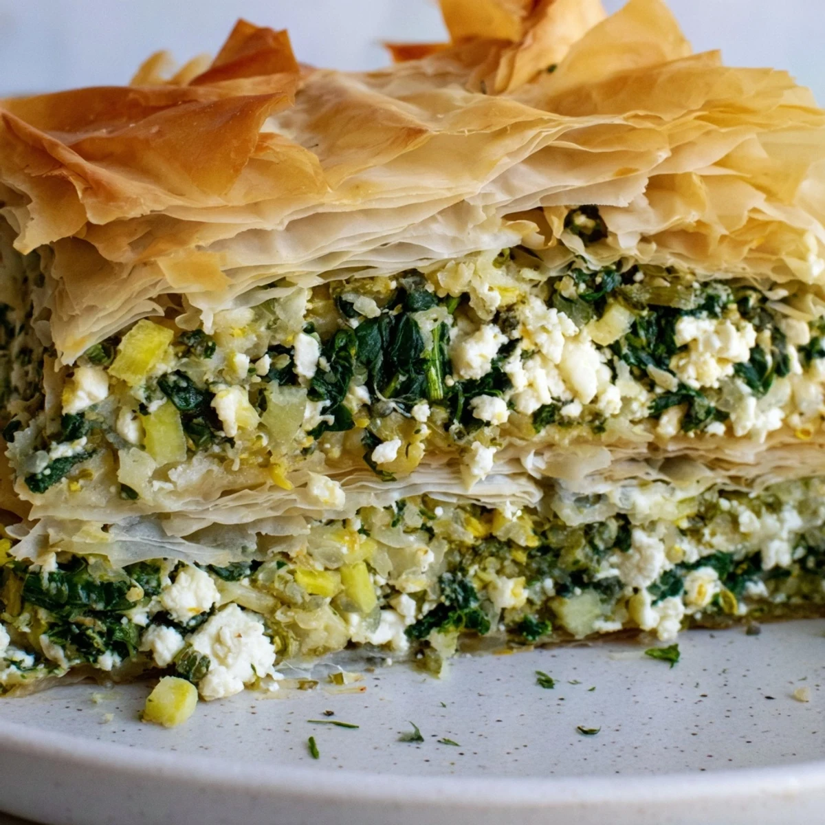Freshly baked authentic Greek spanakopita pie golden brown with herb feta spinach layers