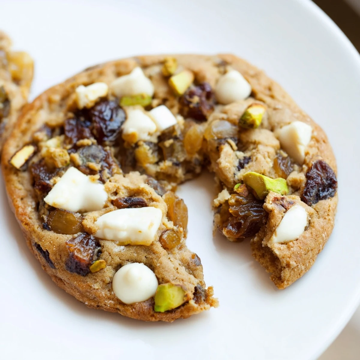 Golden brown Dubai chewy cookie studded with green pistachios and dark sweet dates