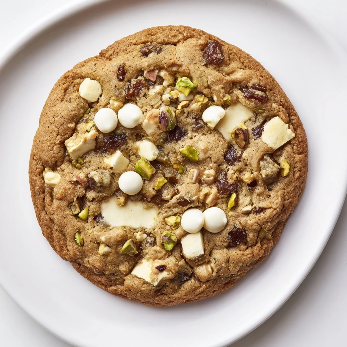 Freshly baked Dubai chewy cookie featuring chopped pistachios, dates, and golden crispy edges