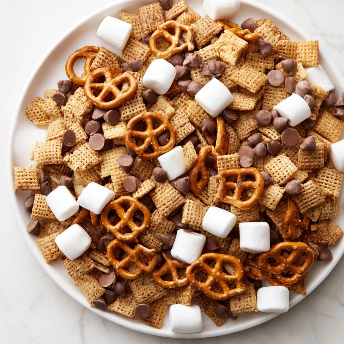Colorful s'mores snack mix recipe displayed in a glass bowl with chocolate chunks