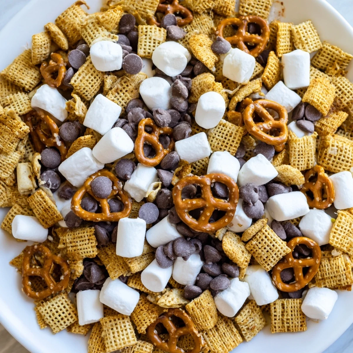 Golden bowl filled with s'mores snack mix featuring chocolate chips, marshmallows, and pretzels