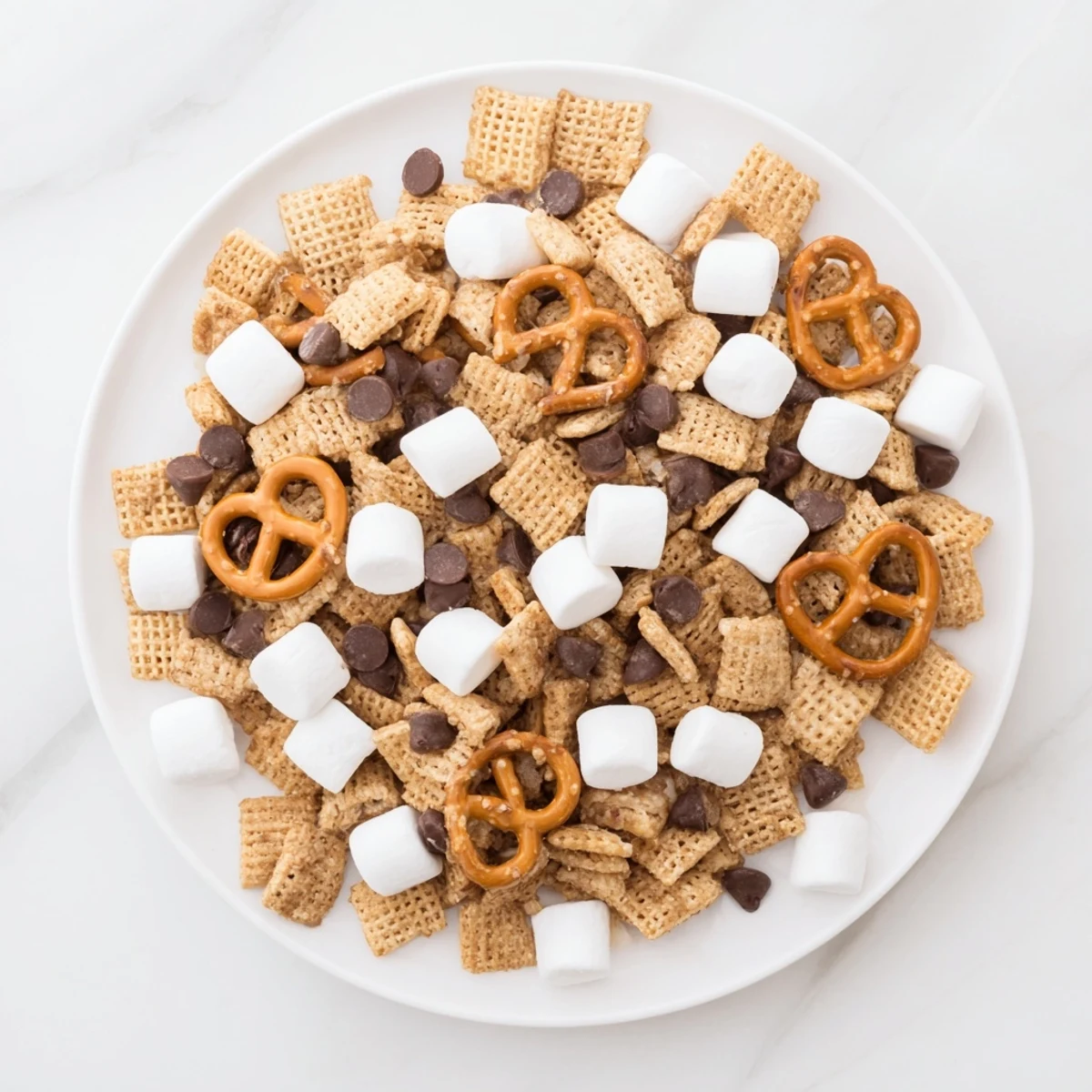 Rustic wooden table holding s'mores snack mix with mini marshmallows and graham cereal