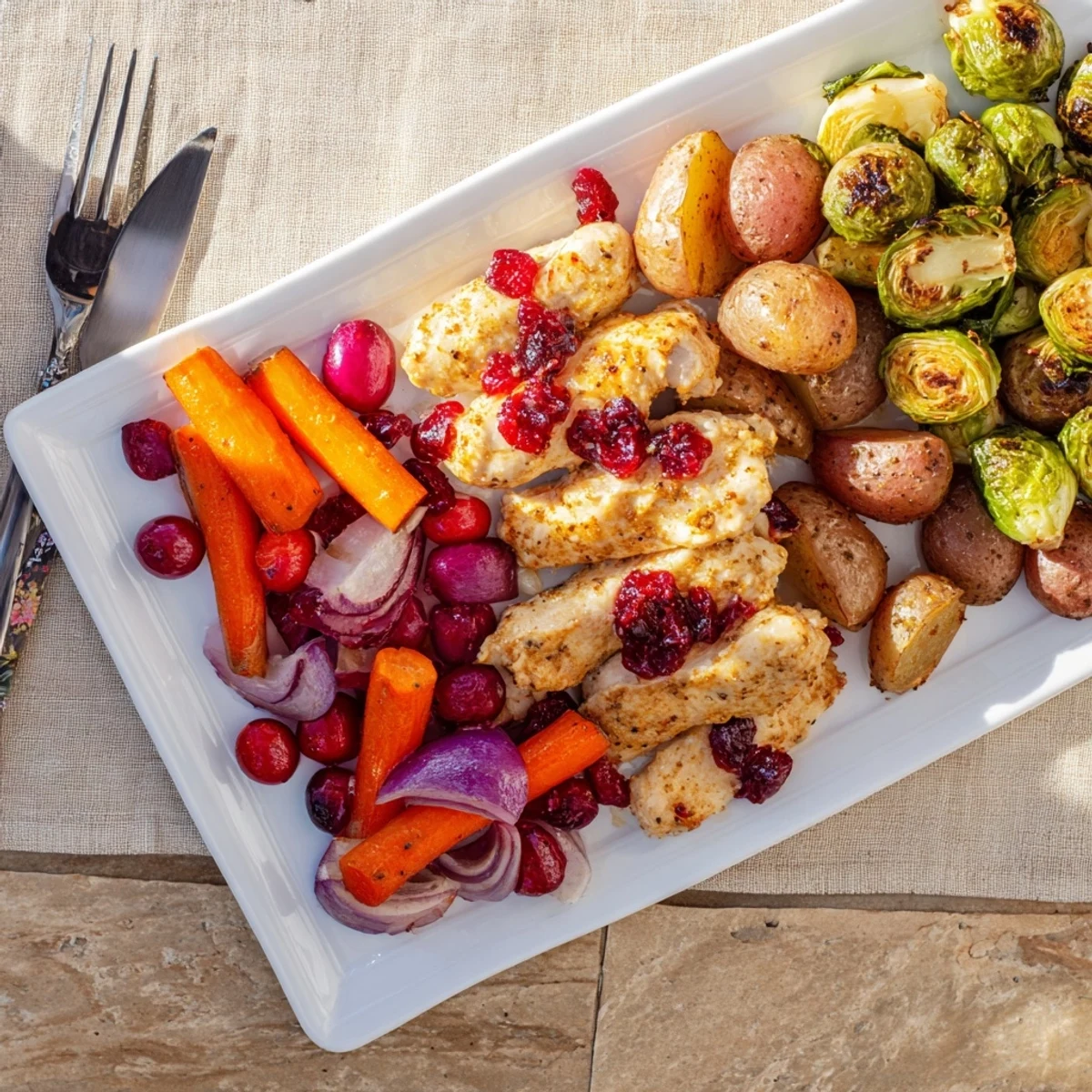 Golden glazed chicken breasts with honey cranberry sauce roasted beside colorful tender vegetables on a single baking sheet