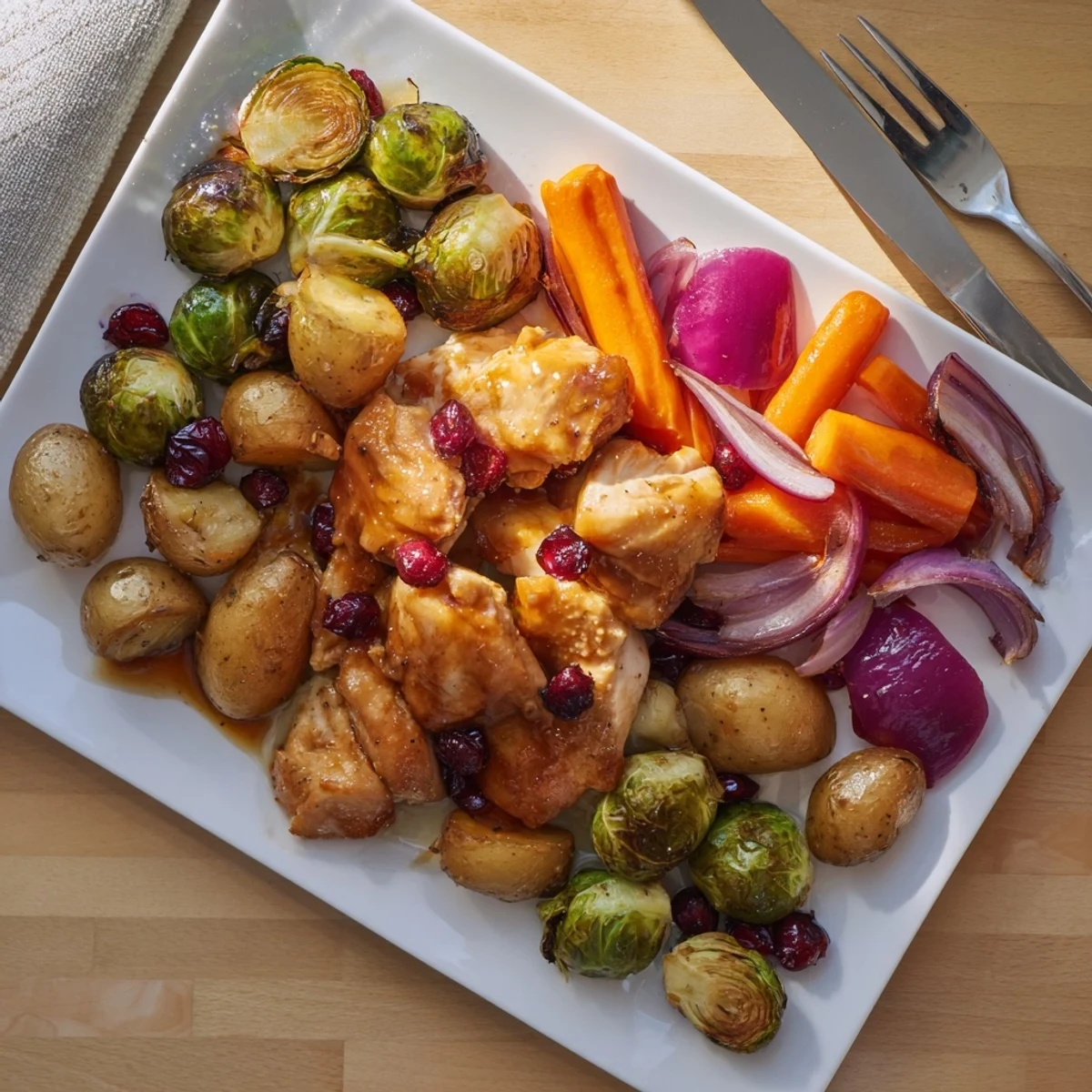 Juicy one pan honey cranberry chicken served with caramelized Brussels sprouts potatoes and roasted red onion wedges