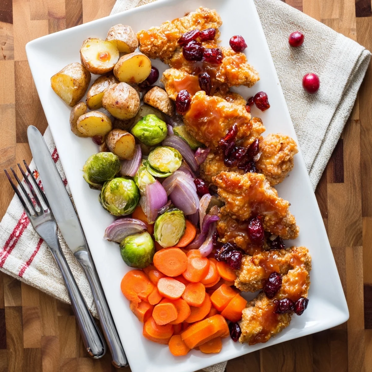 Weeknight dinner featuring honey glazed chicken with tart cranberries atop a bed of seasonal roasted root vegetables