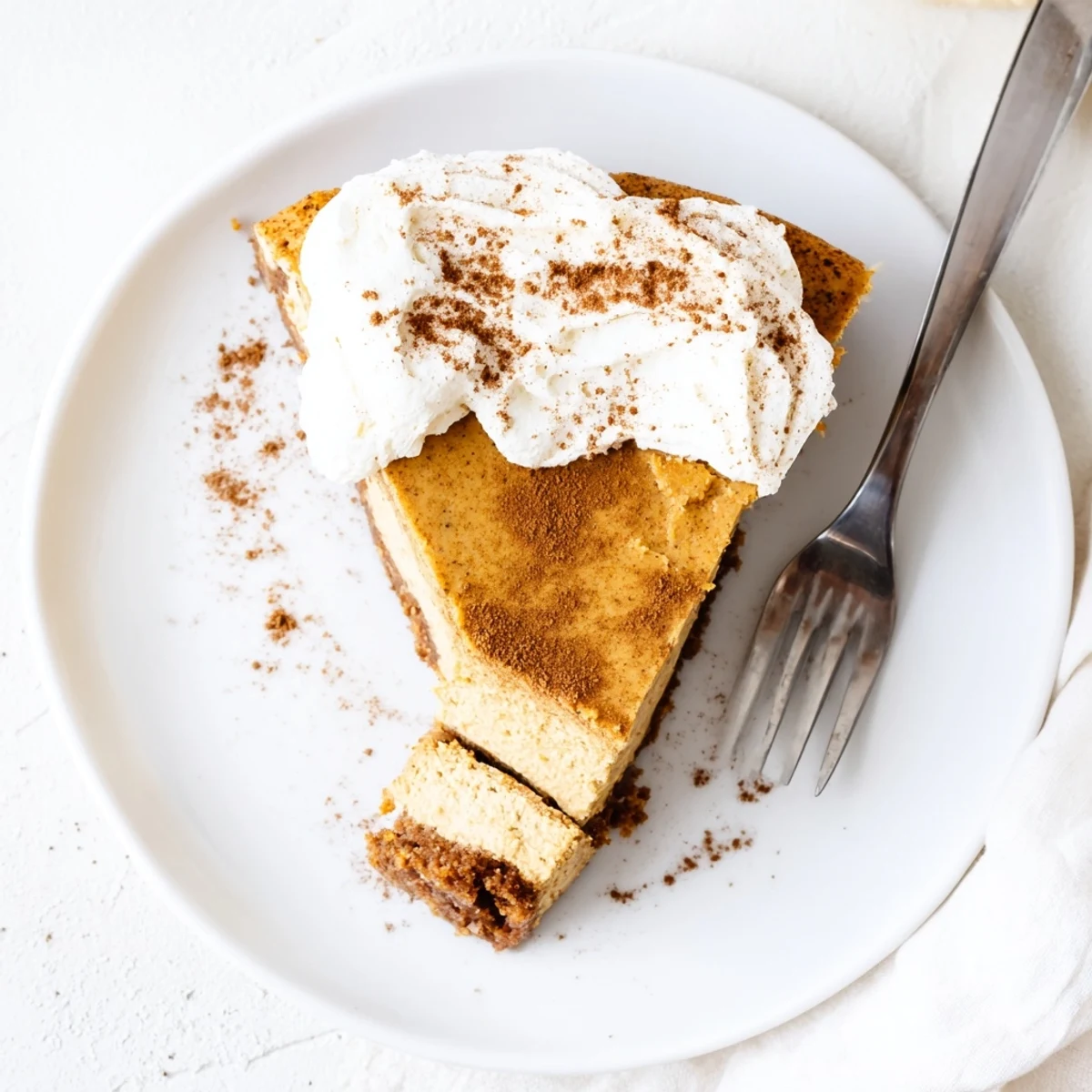 Creamy pumpkin spice Christmas cheesecake slice with whipped topping and cinnamon dusting on white plate