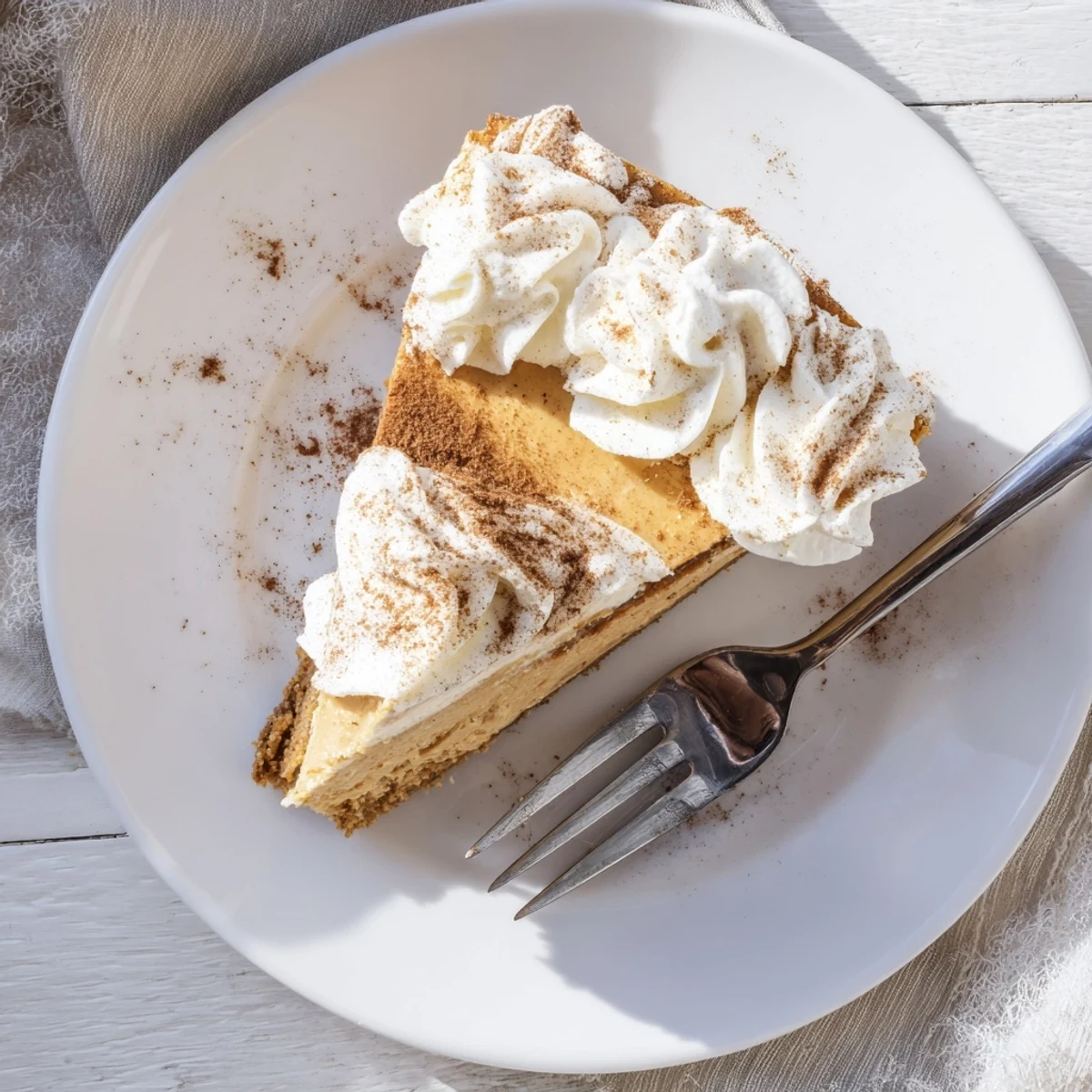Rich pumpkin cheesecake with spiced graham crust and fluffy whipped cream garnish for holiday dessert table