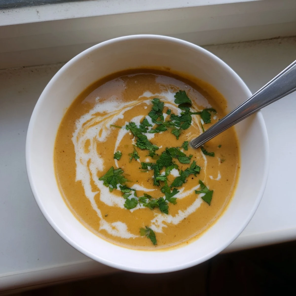 Golden bowl of warming spicy apple soup with chunky bread on the side