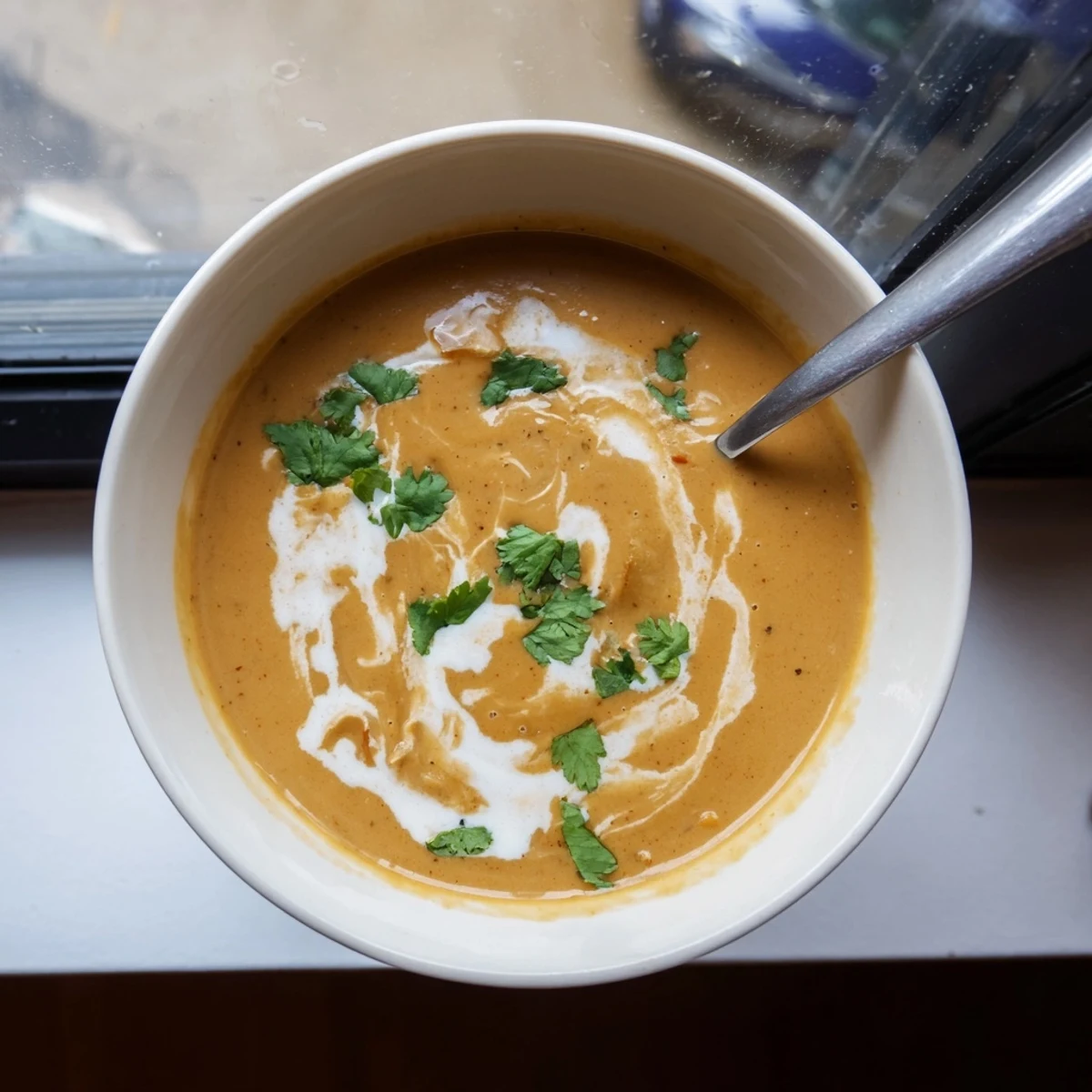 Velvety smooth spicy apple soup topped with coriander and drizzled coconut milk