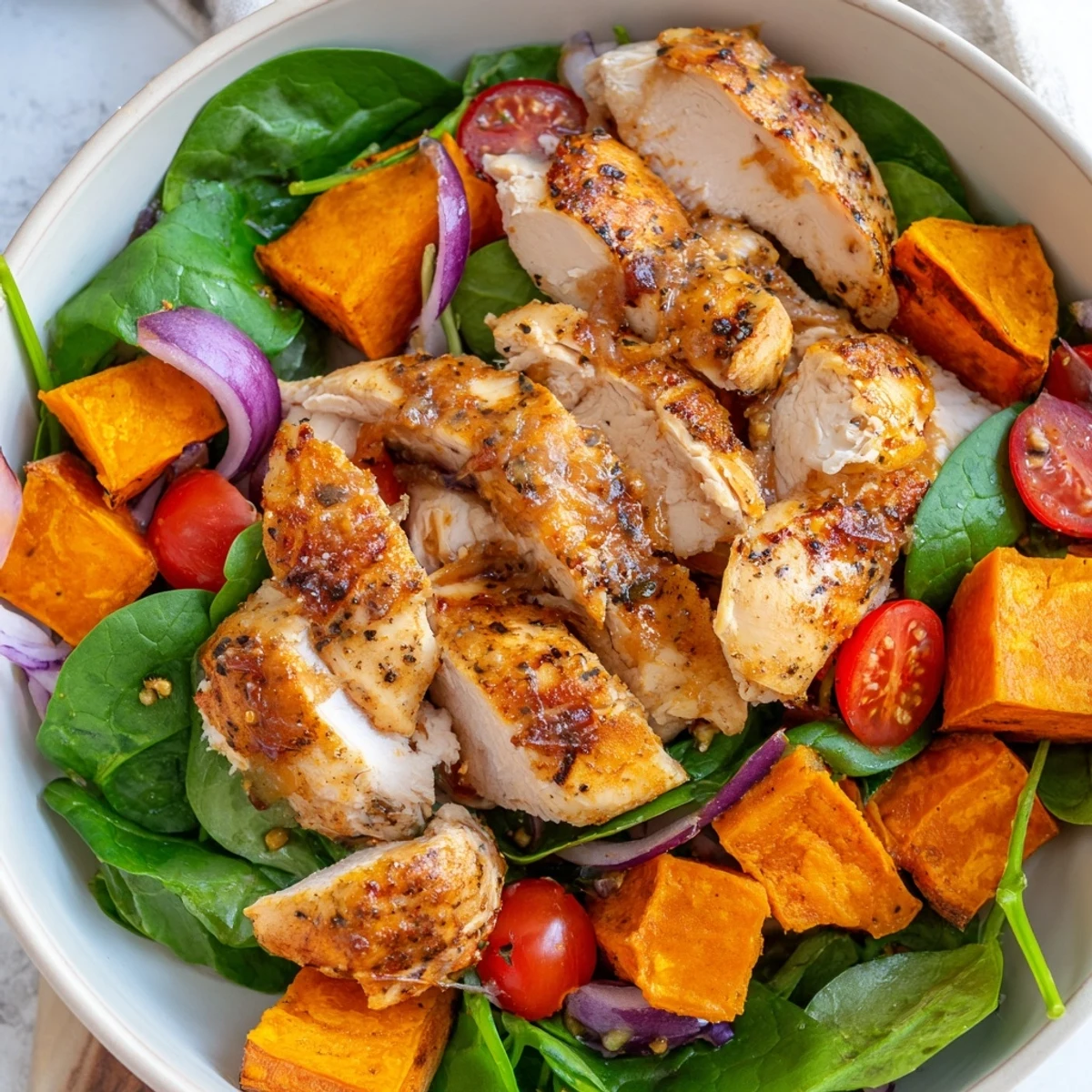 Golden roasted maple Dijon chicken slices atop sweet potato cubes with fresh spinach and tomatoes in a wholesome bowl arrangement