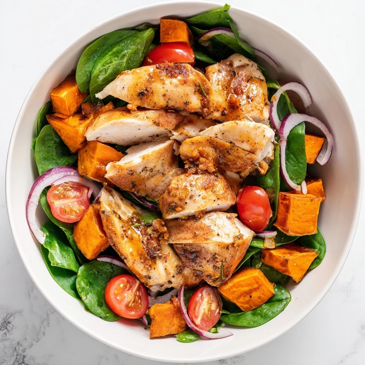 Close-up view of juicy maple glazed chicken breast served with caramelized sweet potatoes and crisp greens drizzled with tangy dressing