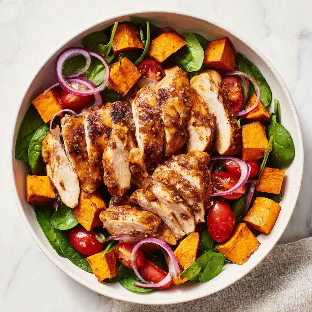 Rustic grain bowl featuring tender maple Dijon glazed chicken roasted sweet potato wedges baby spinach and cherry tomatoes garnished with fresh parsley