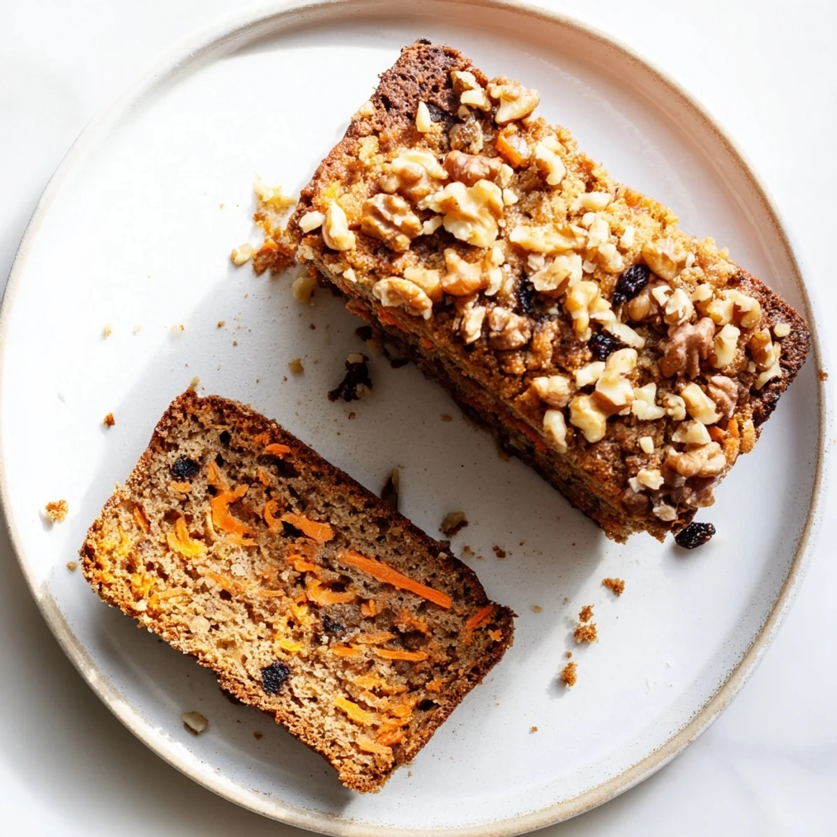 Golden brown carrot cake banana bread loaf studded with grated carrots and warm cinnamon spice on a wooden cutting board